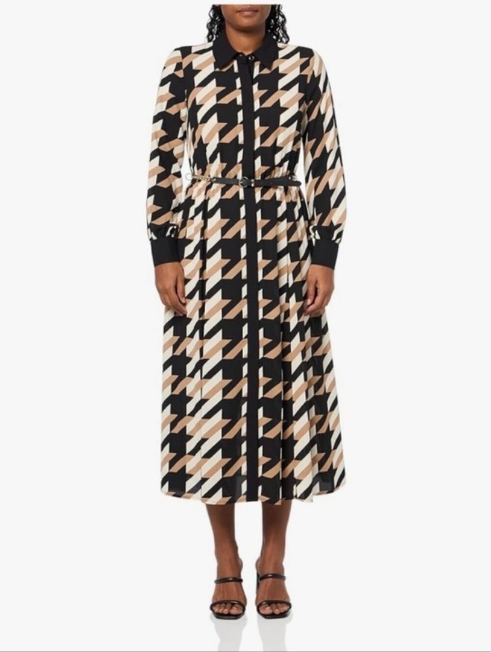 Anne Klein Black, Beige & White Geometric Midi Dress